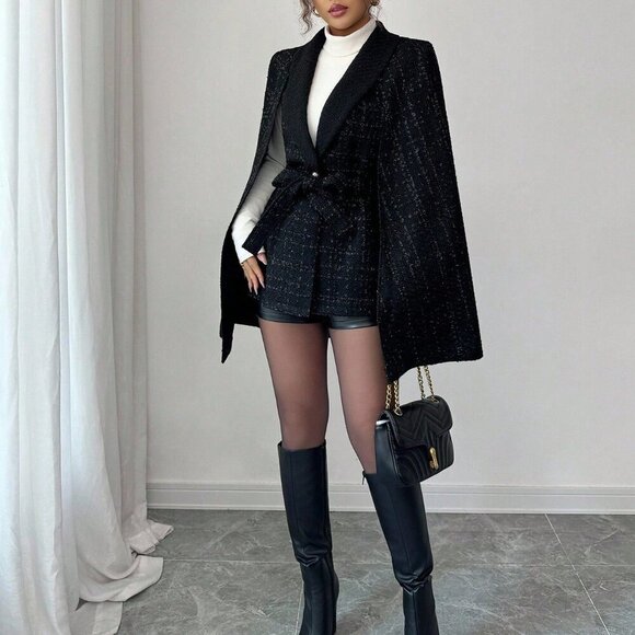 Black Elegant Women's Shiny Poncho Cape - Picture 3 of 5